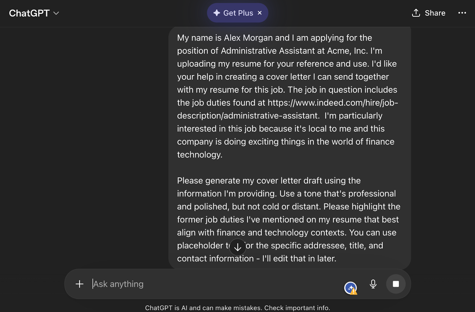 ChatGPT interface showing a user prompt requesting a tailored cover letter based on a resume and job description, with instructions for tone and content