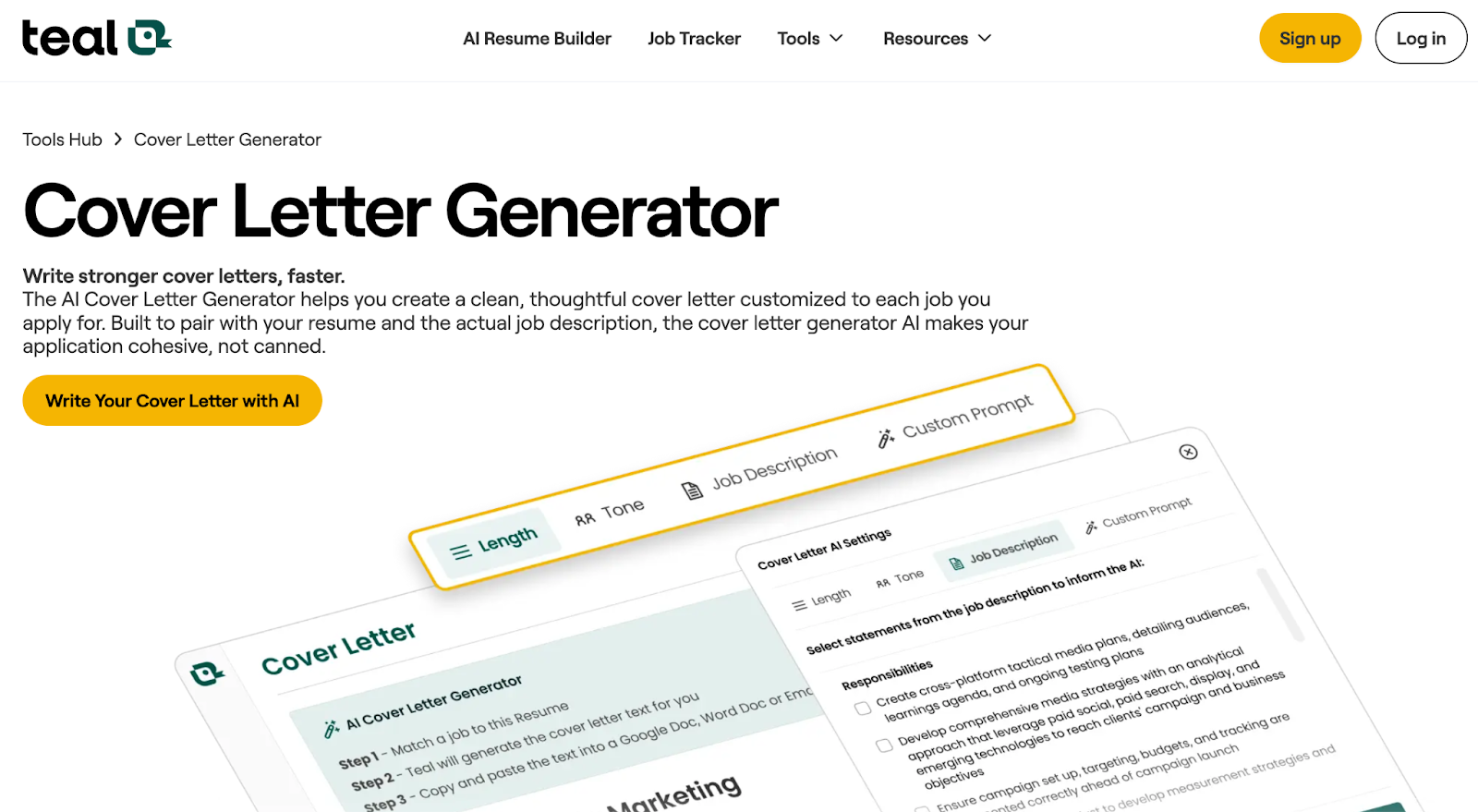 Teal cover letter generator landing page with a headline, description, and a button to write a cover letter with AI, alongside a preview of customization options