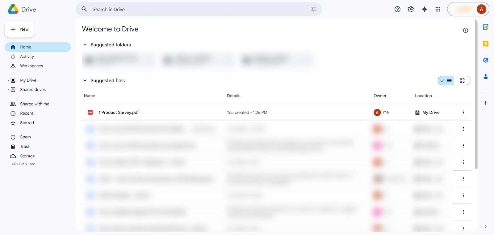 Menú de recursos de Google Drive