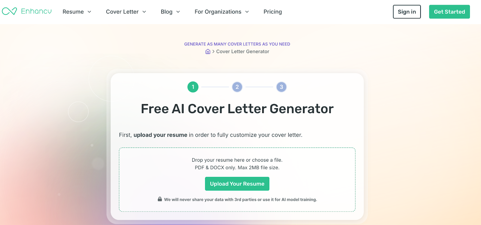 Enhancv free AI cover letter generator page with a resume upload area and a simple three-step process indicator
