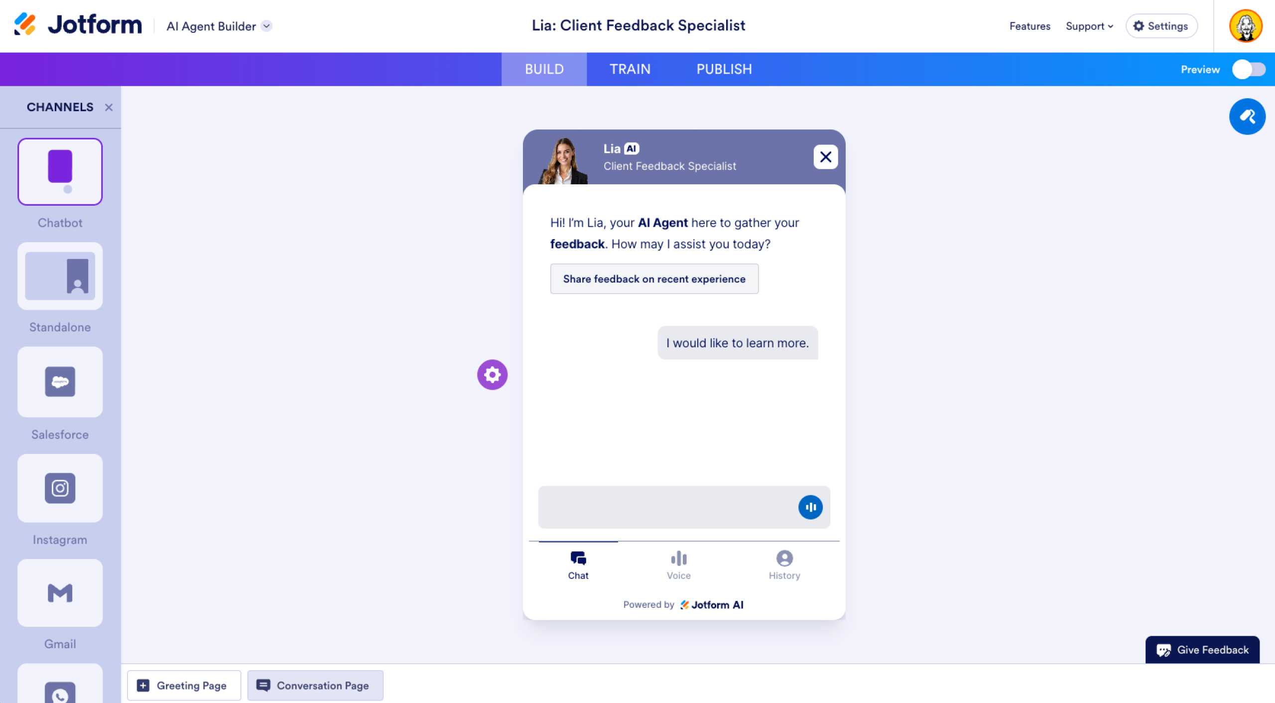 Jotform AI Agent Builder Chatbot Channel