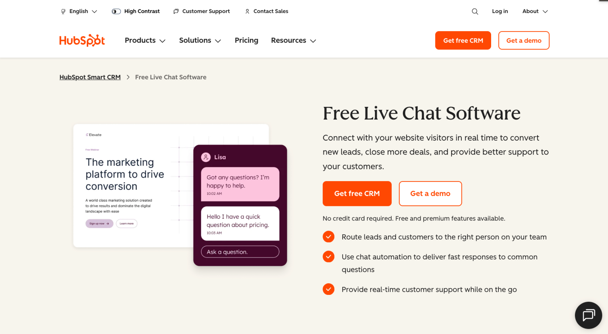 Hubspot Live Chat Landing Page