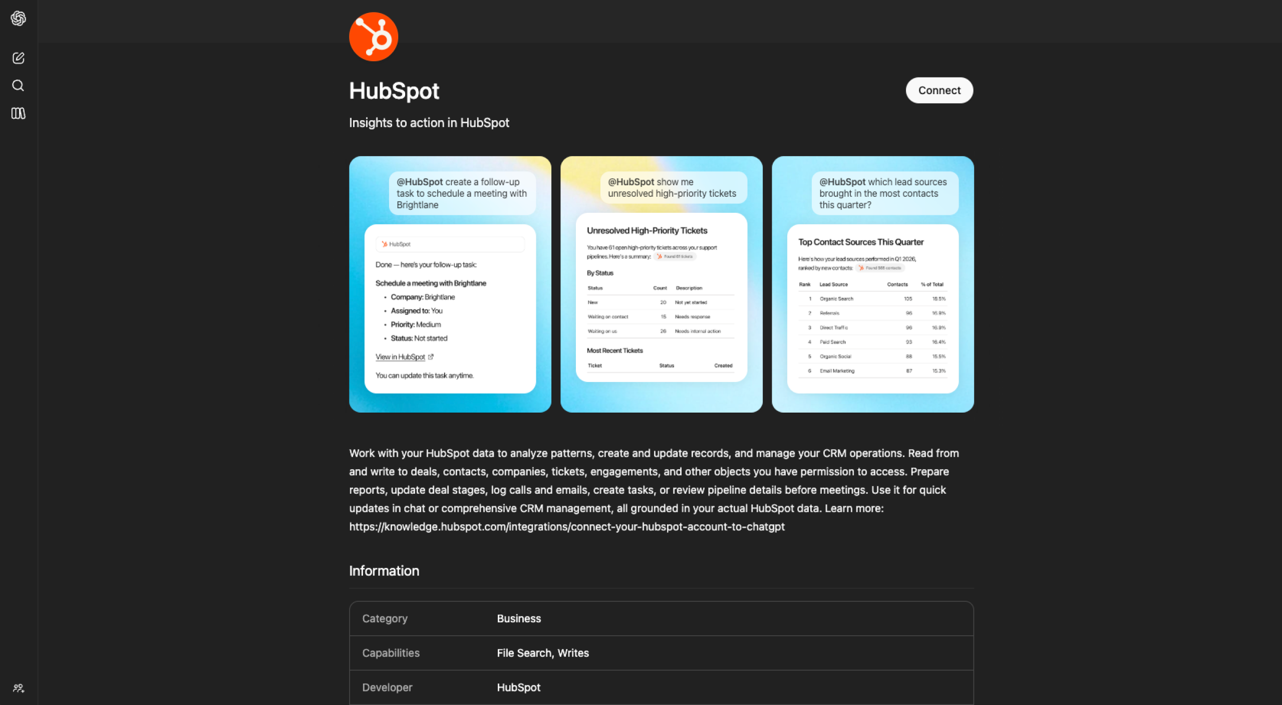 Screenshot from ChatGPT's HubSpot app, showing three example prompts to get the most out of this ChatGPT app