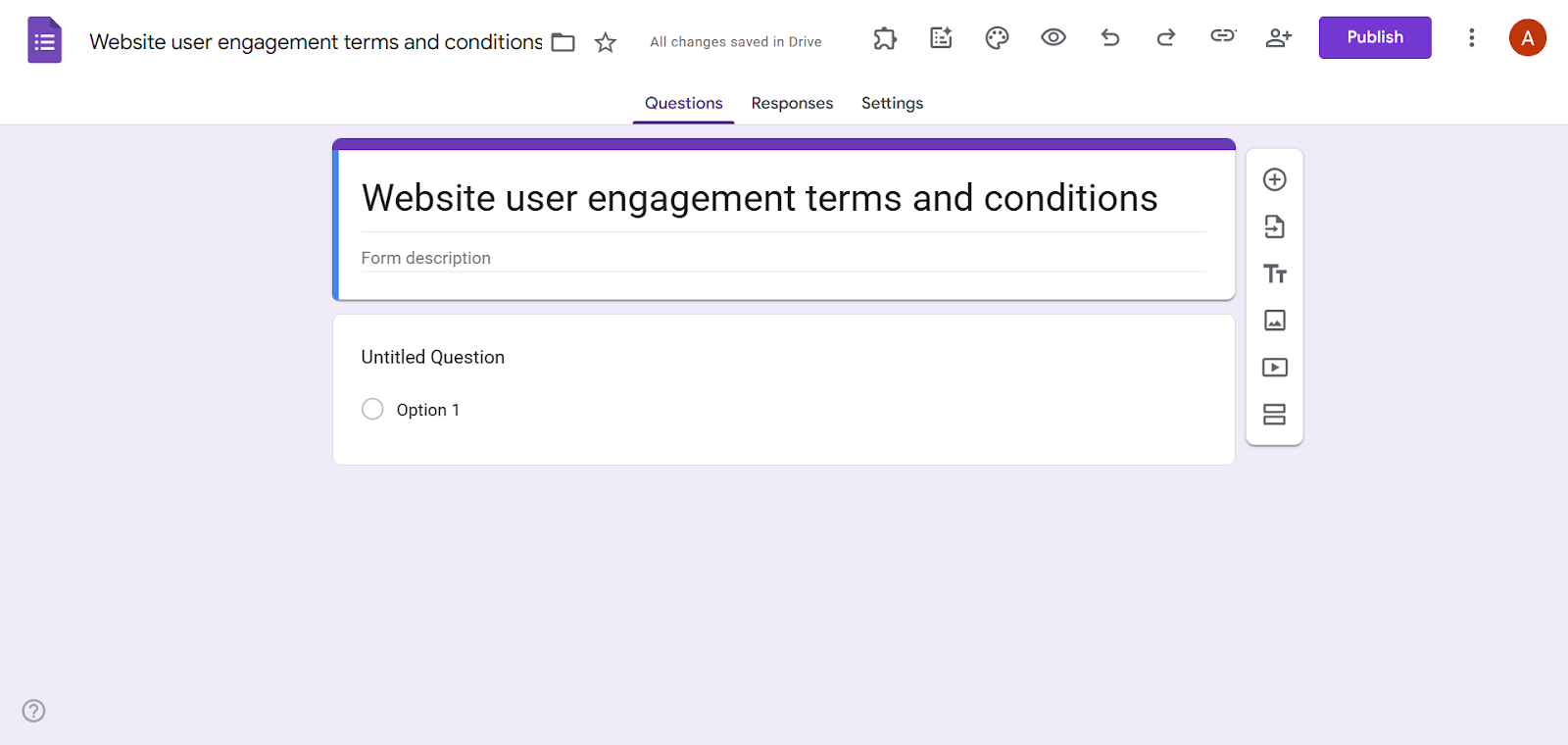 Screenshot of a new Google Forms form with the title “Website user engagement terms and conditions” entered at the top