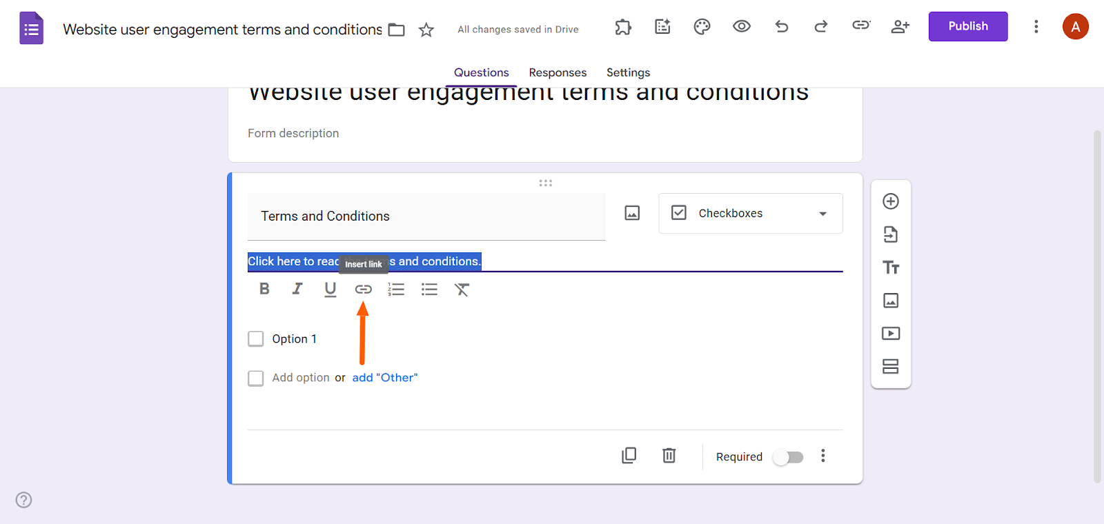 Screenshot of the Google Forms editor with the description text highlighted and the Insert link icon selected in the formatting toolbar
