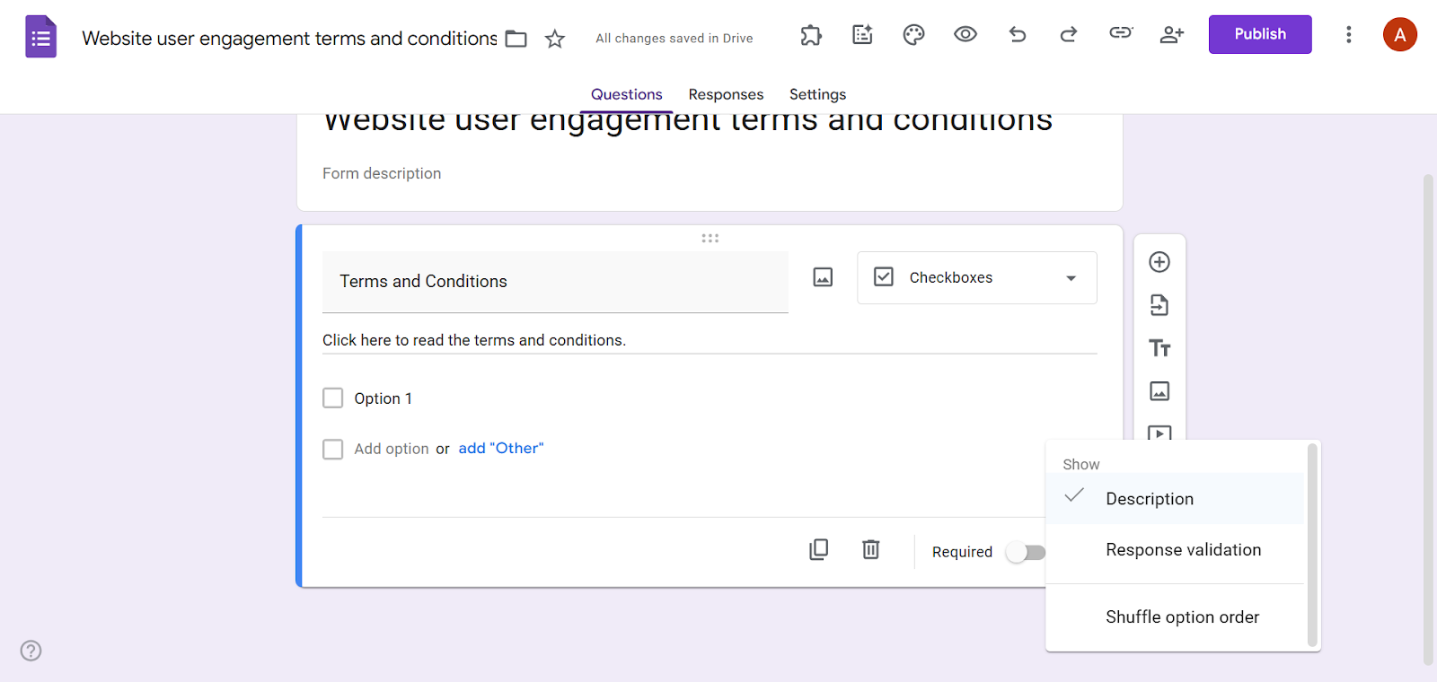 Screenshot of a Google Forms question card set to Checkboxes, with the description option menu open and the Required toggle visible at the bottom