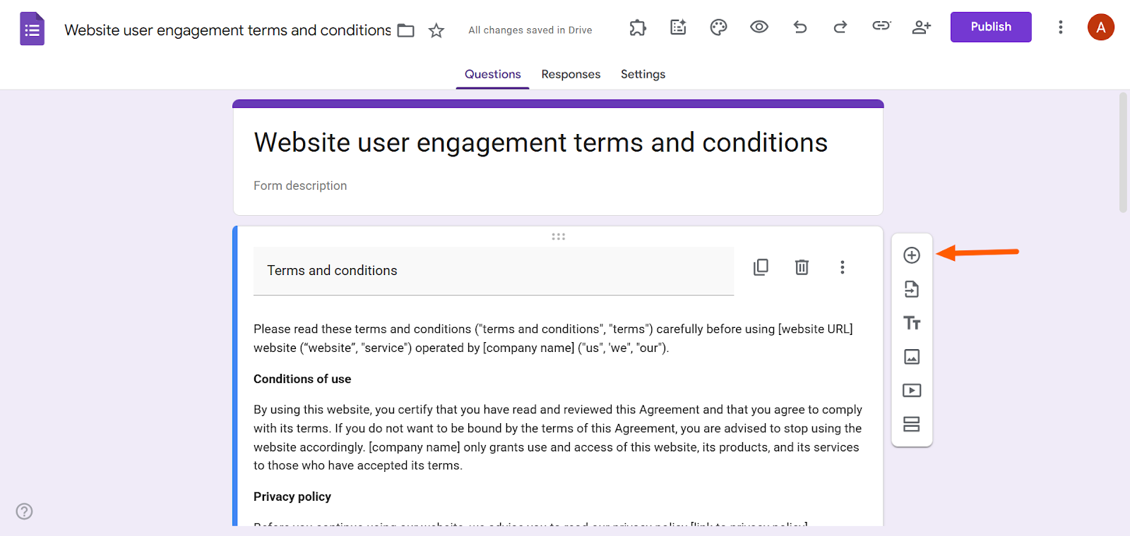 Screenshot of the Google Forms editor with the Add question plus icon in the right-side toolbar highlighted