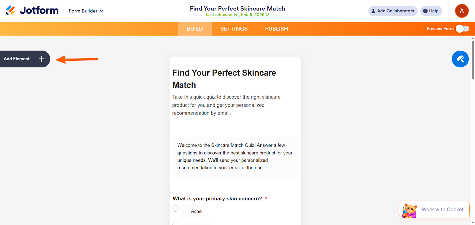 Screenshot of the Jotform Form Builder with the Add Element button highlighted on the left side