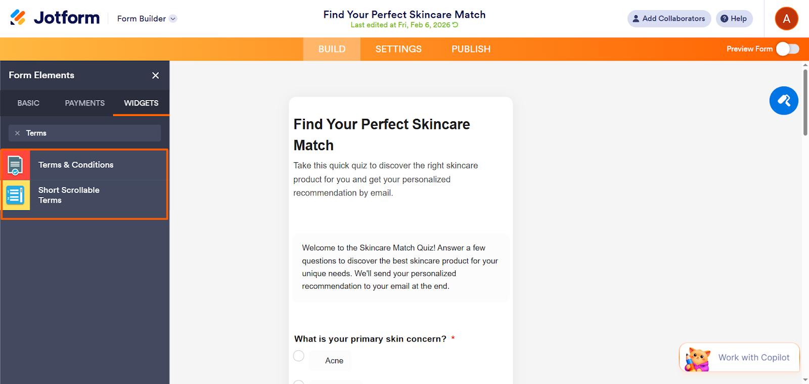 Screenshot of the Jotform Widgets panel showing two search results for “Terms”: Terms & Conditions and Short Scrollable Terms