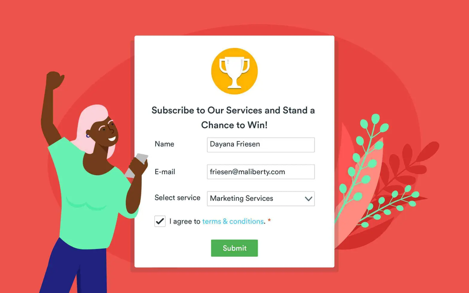 Screenshot of an online subscription form with fields for name, email, and service selection, plus a required “I agree to terms & conditions” checkbox above the Submit button