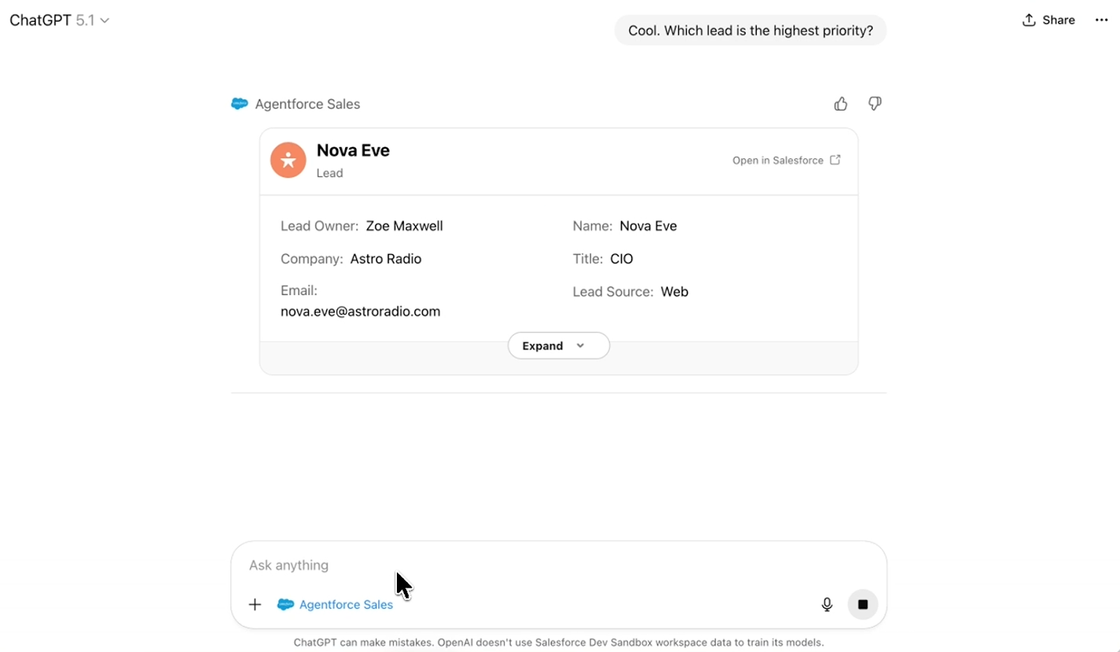 Screenshot showing Agentforce Sales in action within the ChatGPT interface