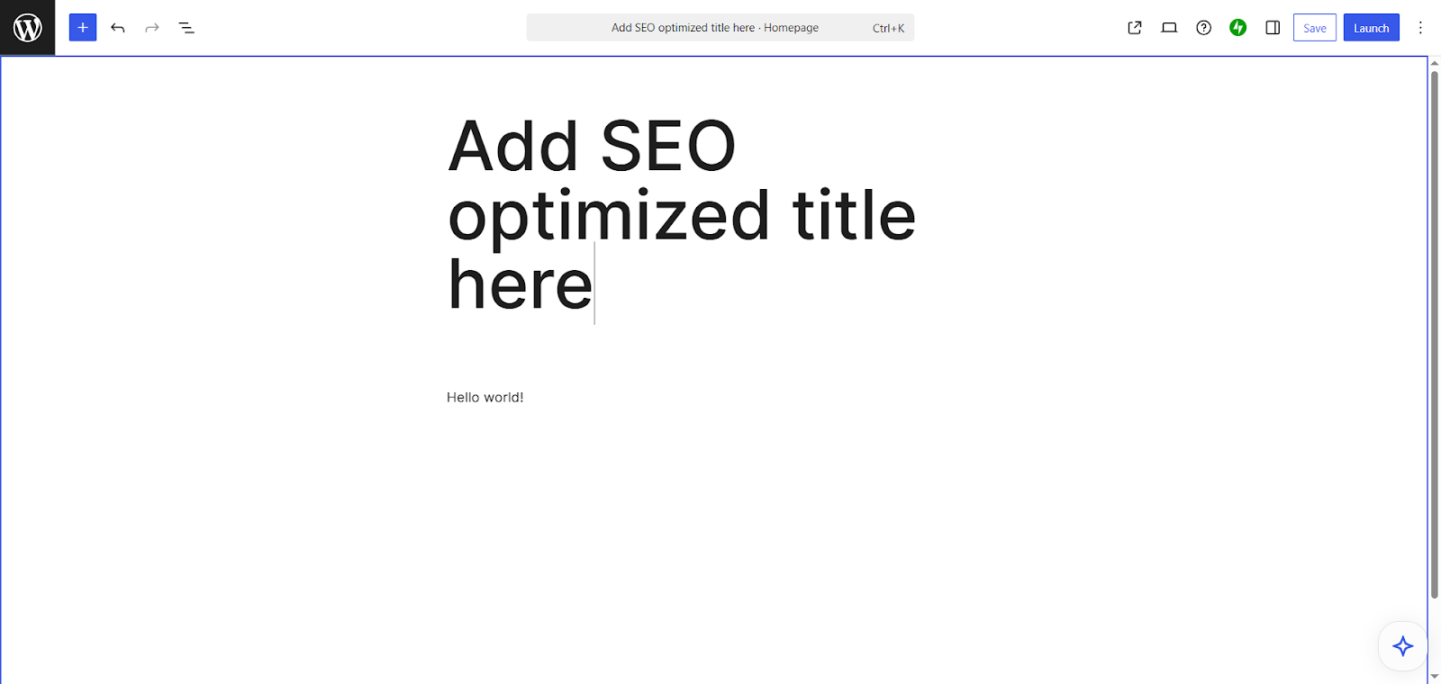 Screenshot of the WordPress Gutenberg editor showing a page with the placeholder text “Add SEO optimized title here” in the title field