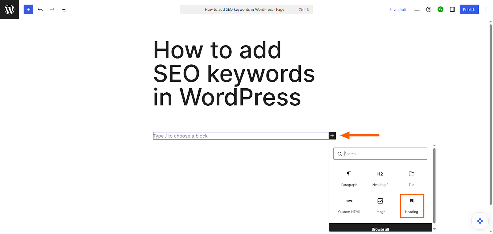 Screenshot of the WordPress Gutenberg editor showing the block inserter panel with the “Heading” block option highlighted