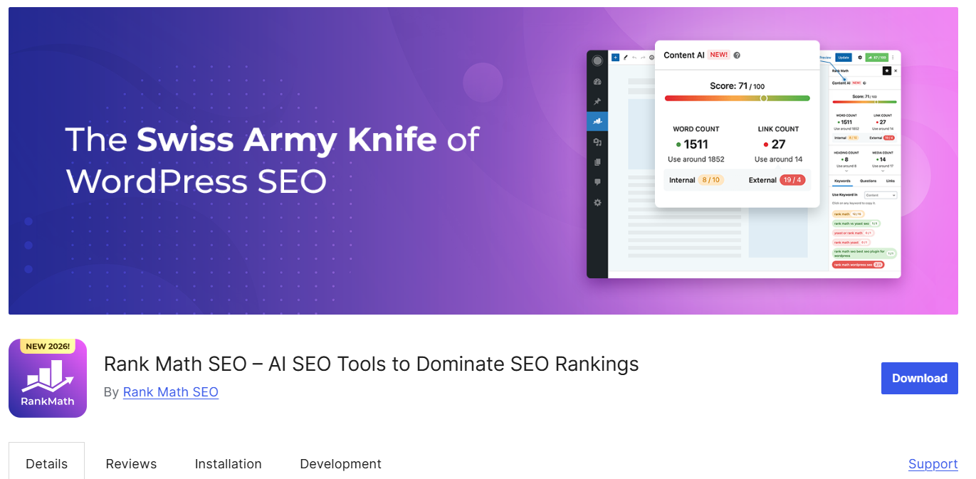 Screenshot of the Rank Math SEO plug-in landing page, showing a headline "The Swiss Army Knife of WordPress SEO"