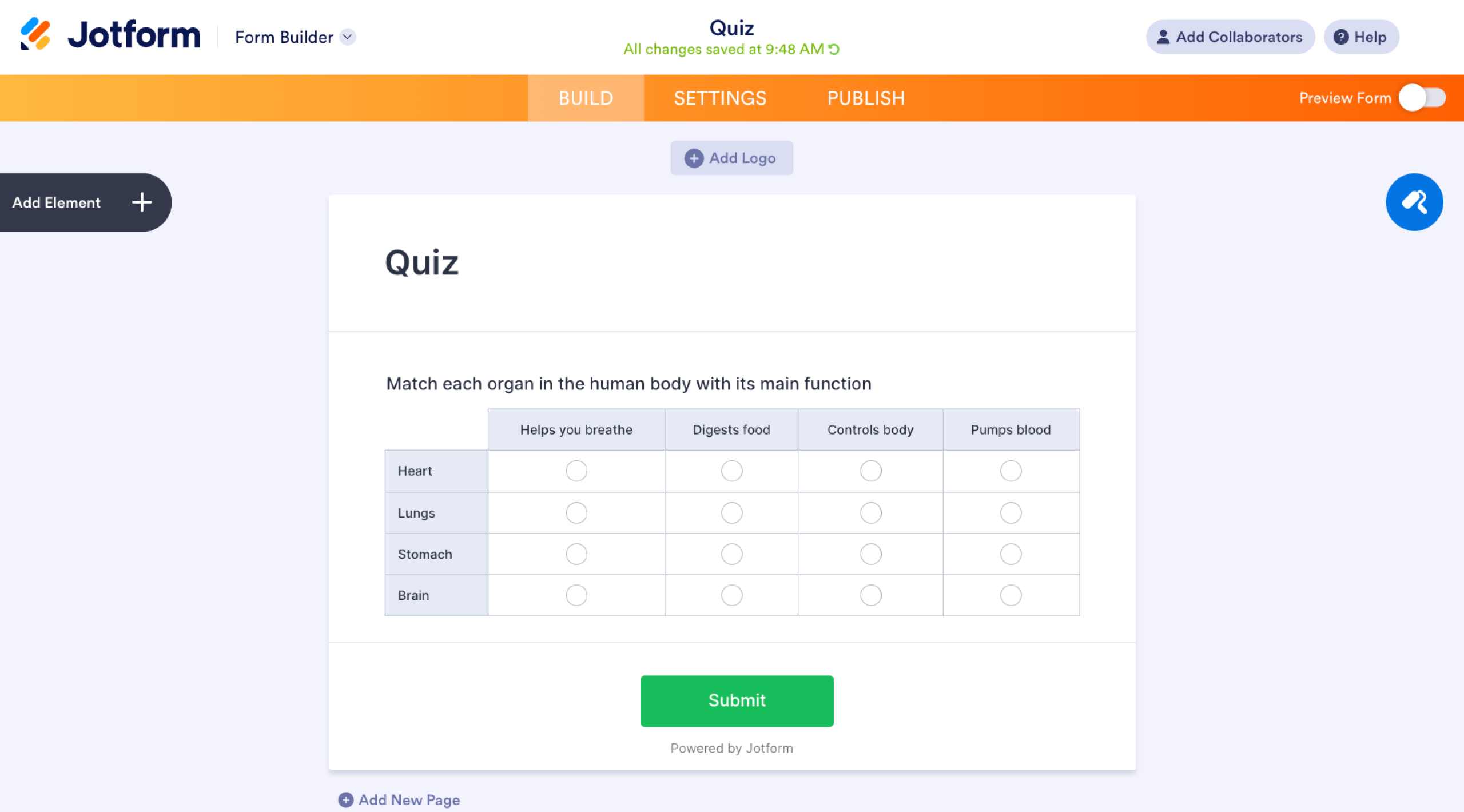 Jotform Input Table with Radio Buttons Question Type