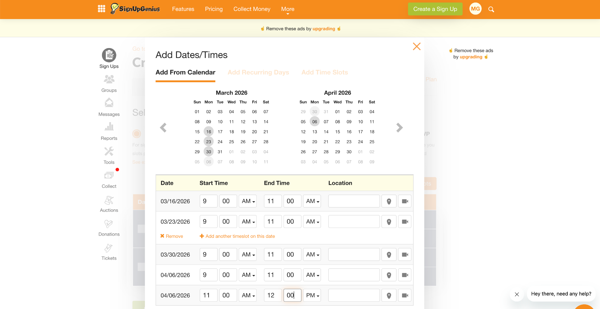 SignUpGenius Add Dates/Times Pop-Up