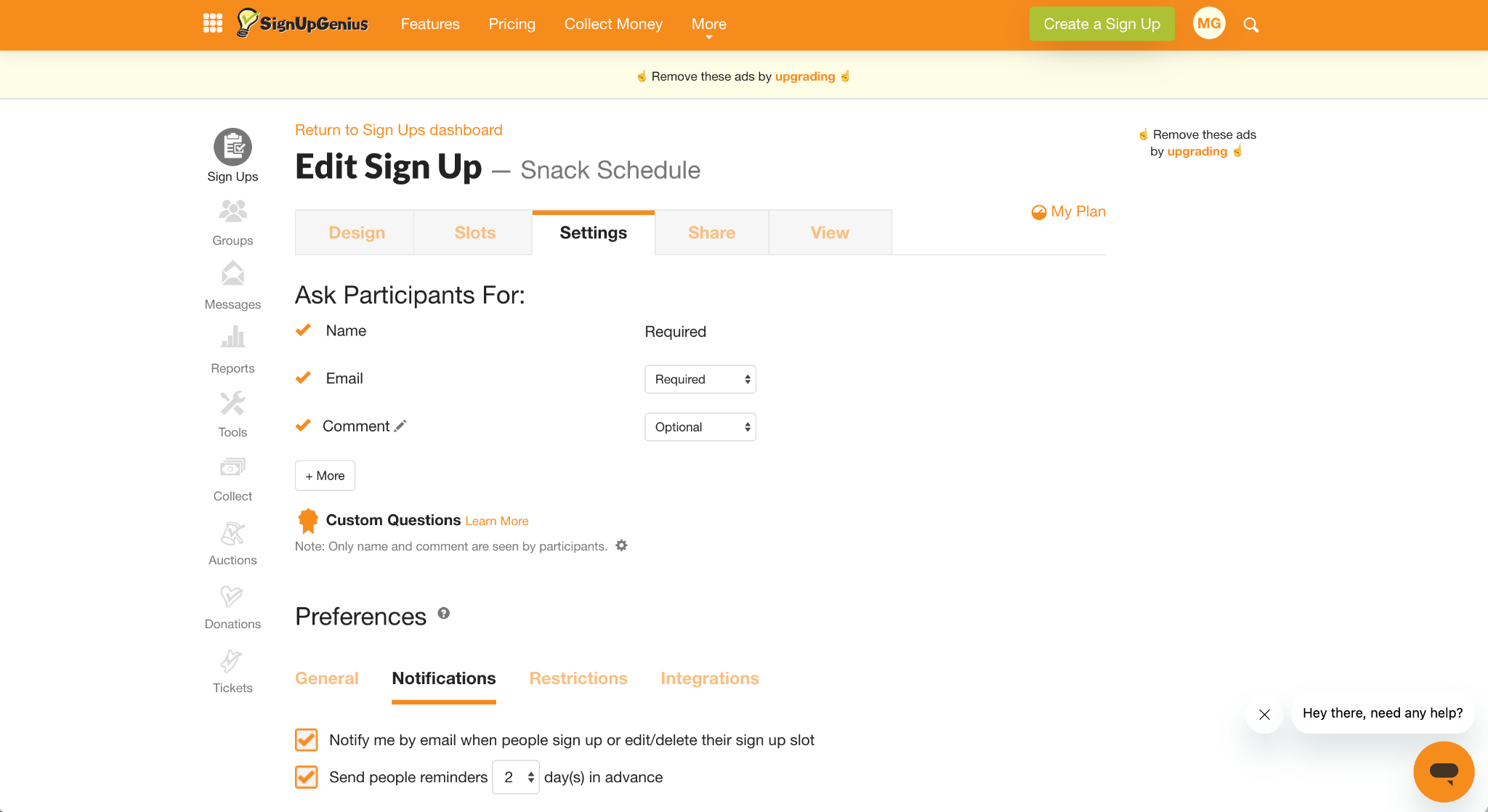 SignUpGenius Edit Sign Up Page
