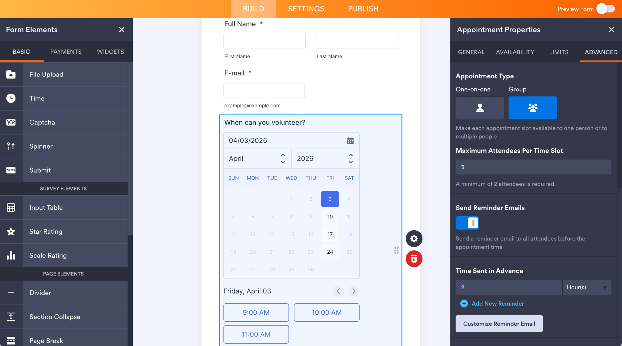 Jotform Form Builder Appointment Field