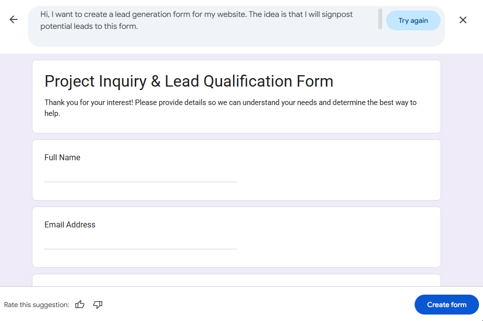 Screenshot from a Google Form that I created using Gemini