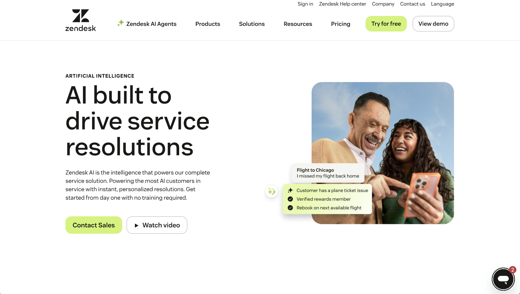 Zendesk AI Agents website with the words: "AI built to drive service resolutions"