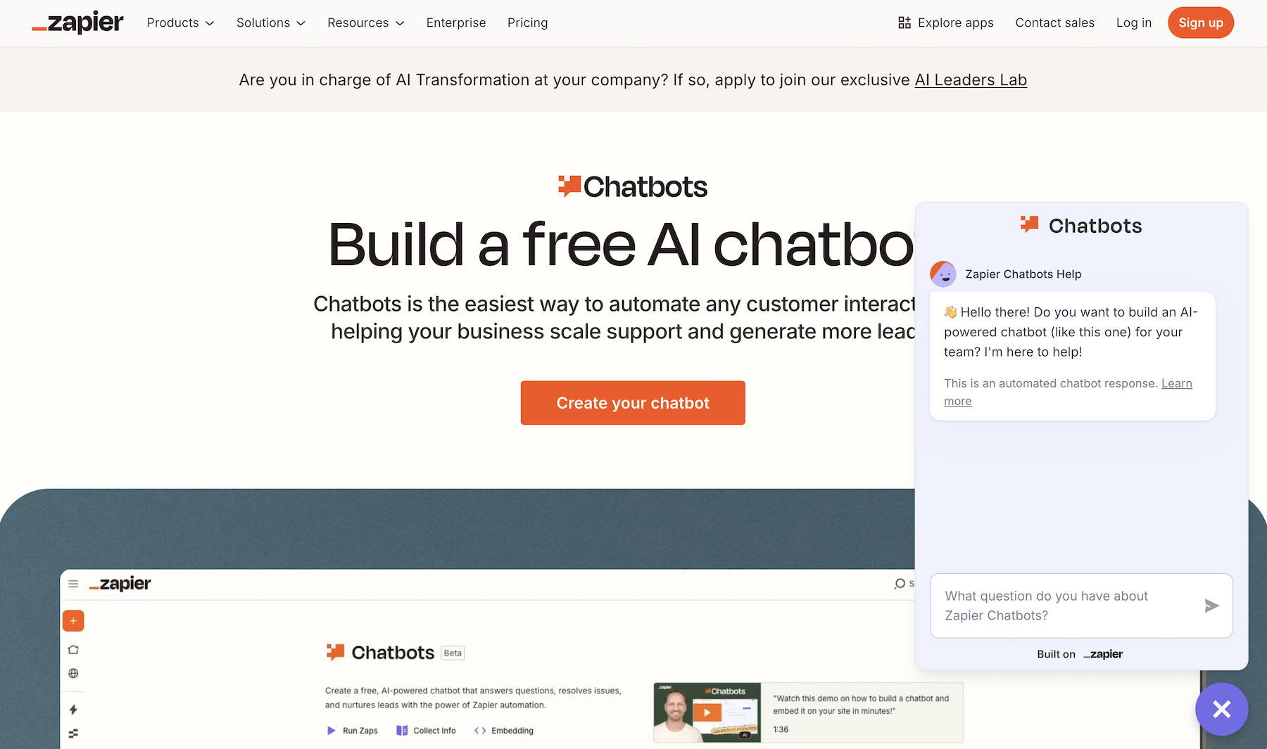 Zapier Chatbots website with the words: "Build a free AI chatbot"