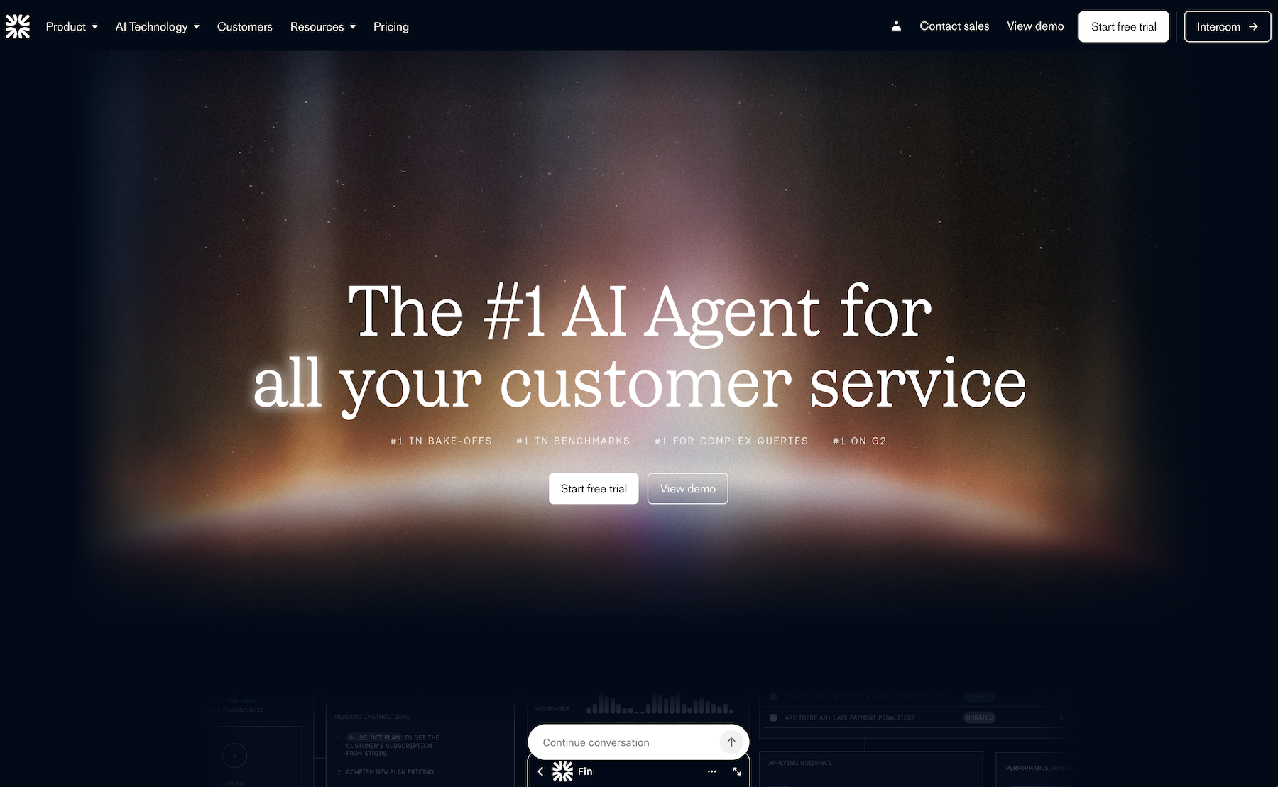 Fin by Intercom website with the words: "The #1 AI Agent for all your customer service"