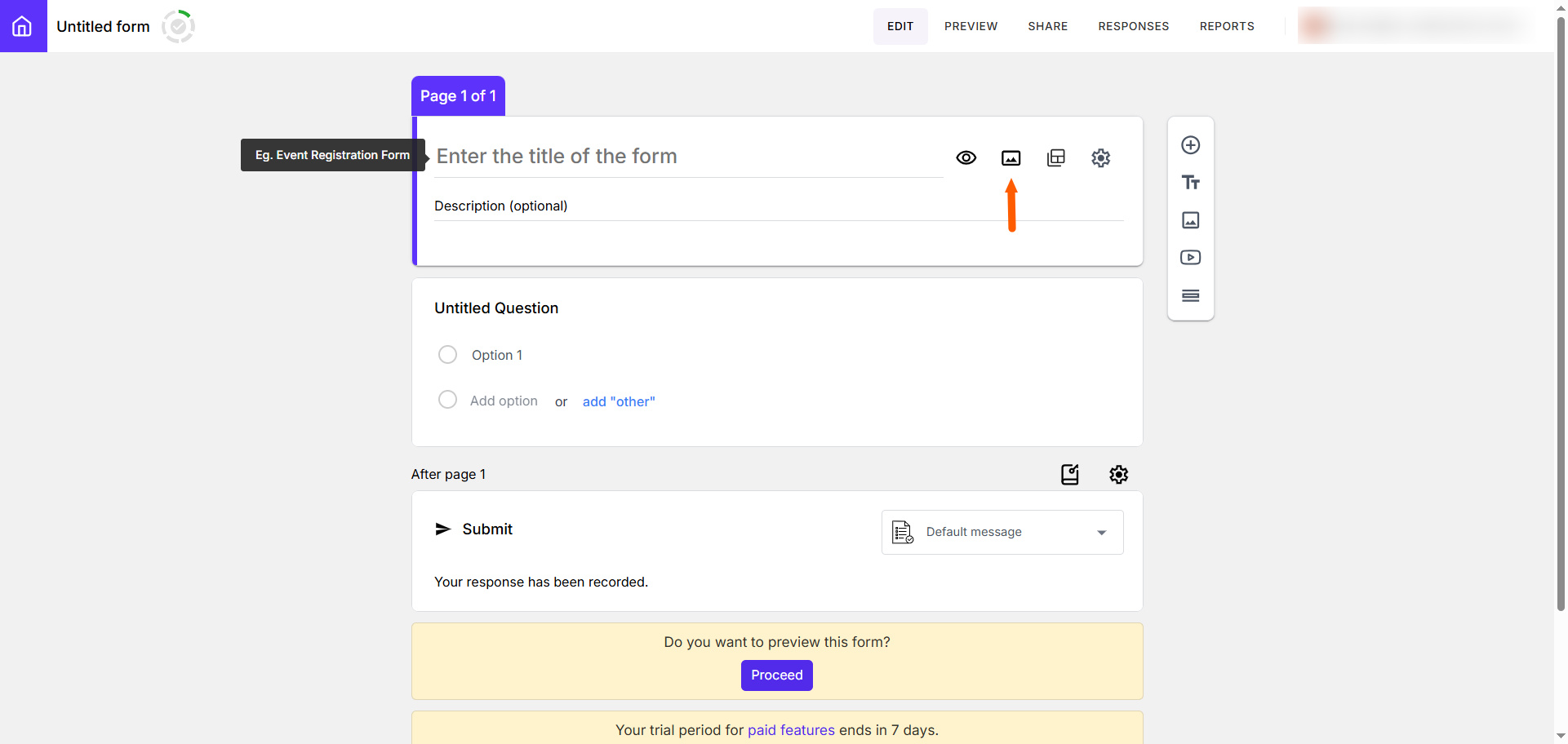 Screenshot of the Formfacade editor interface in Google Forms with form header options (title, description, and settings icons) highlighted
