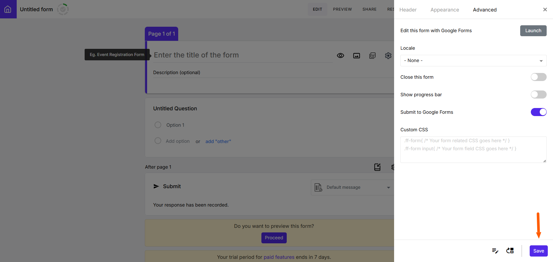 Screenshot of the Advanced settings panel in Formfacade with the “Save” button highlighted