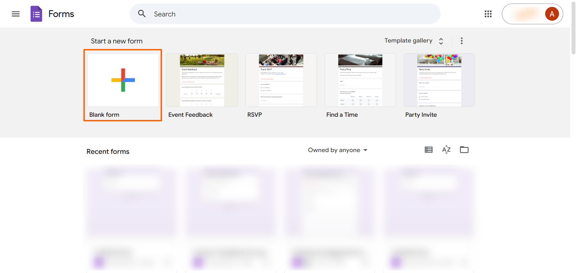 Screenshot of Google Forms homepage with the “Blank form” option highlighted under Start a new form