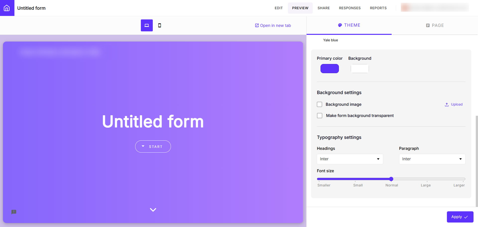 Screenshot of the Theme settings panel displaying typography options, including font style and size controls
