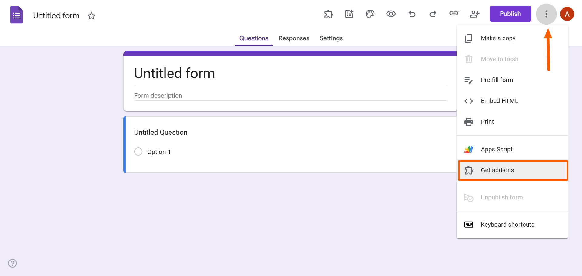 Screenshot of an open Google Form with the three-dot menu expanded, highlighting the “Get add-ons” option