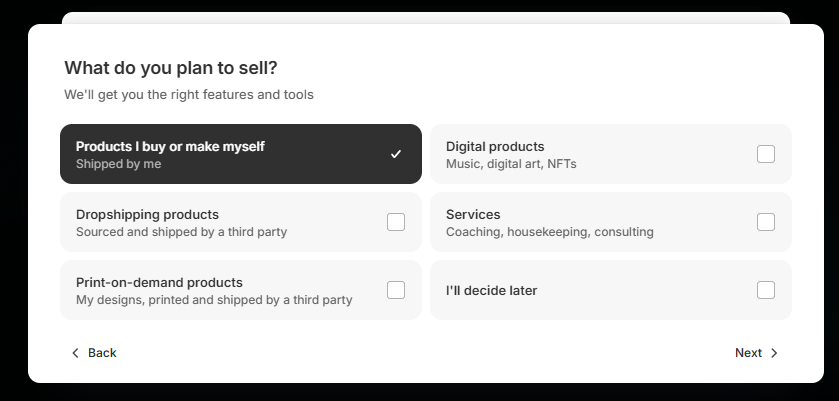 Screenshot of Shopify onboarding screen asking “What do you plan to sell?” with options such as physical products, digital products, services, and dropshipping