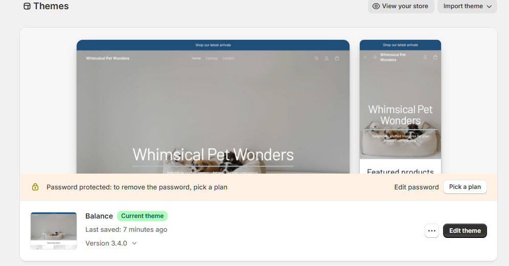 Screenshot of Shopify Themes page displaying the active theme with preview thumbnails, customization options, and an Edit theme button