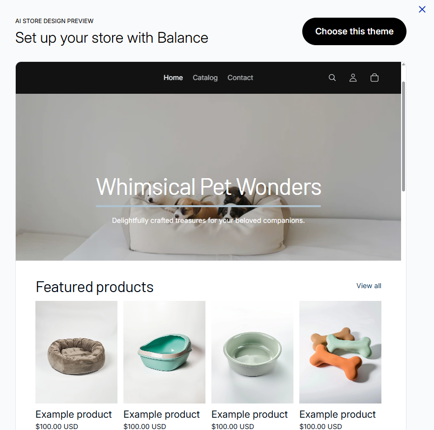 Screenshot of a Shopify-generated online store preview featuring a homepage layout with a hero banner, navigation menu, and featured product listings