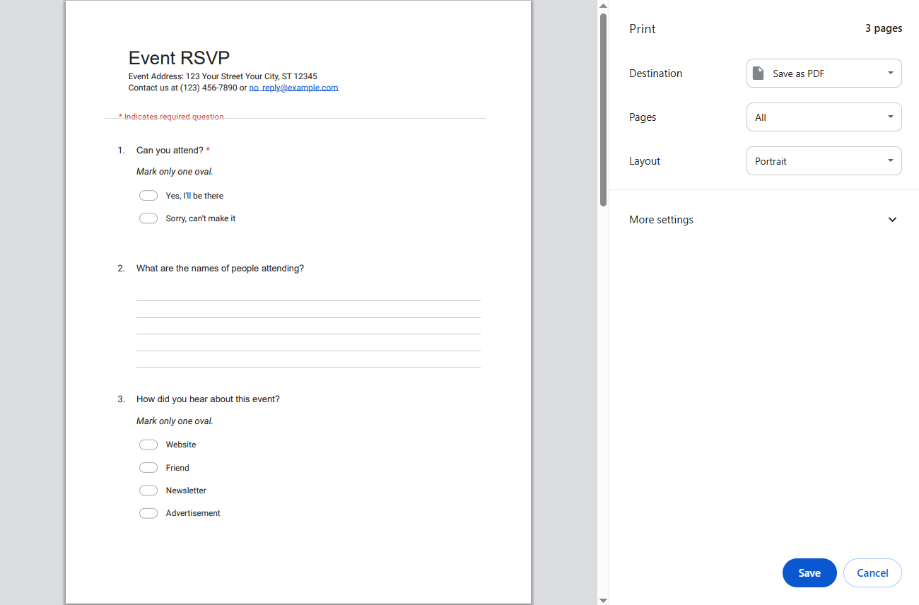 Screenshot of the print preview window displaying the form as a PDF, with “Save as PDF” selected and the Save button visible
