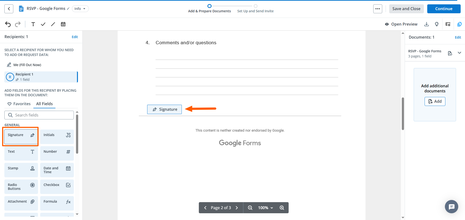 Screenshot of the SignNow editor with the left sidebar open, highlighting the Signature field being dragged and placed onto the form
