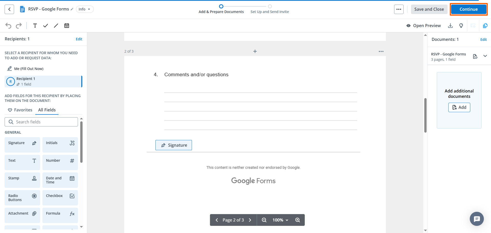 Screenshot of the SignNow editor interface with the “Continue” button highlighted in the top-right corner