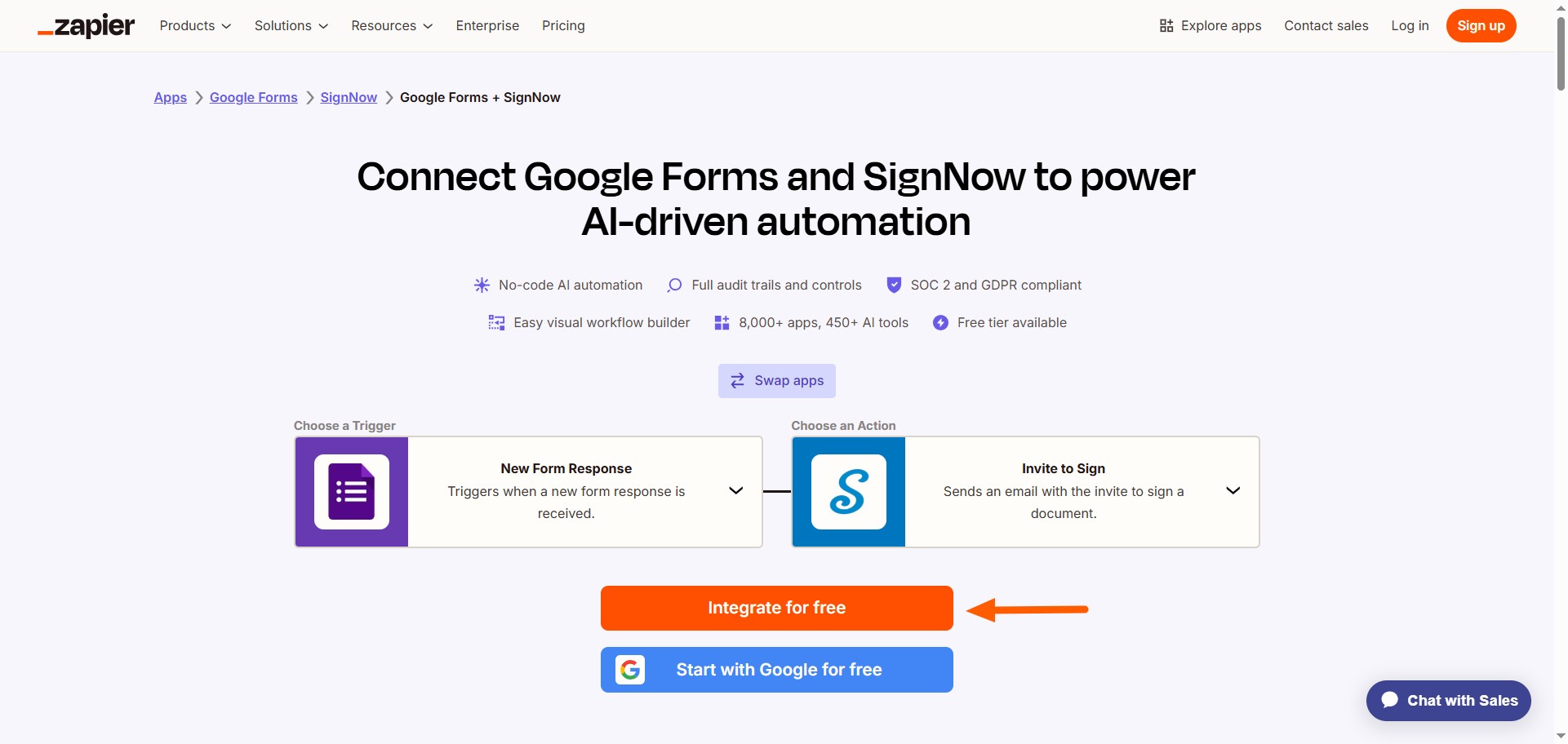 Screenshot of the Zapier integration page highlighting the “Integrate for free” button to start the setup process