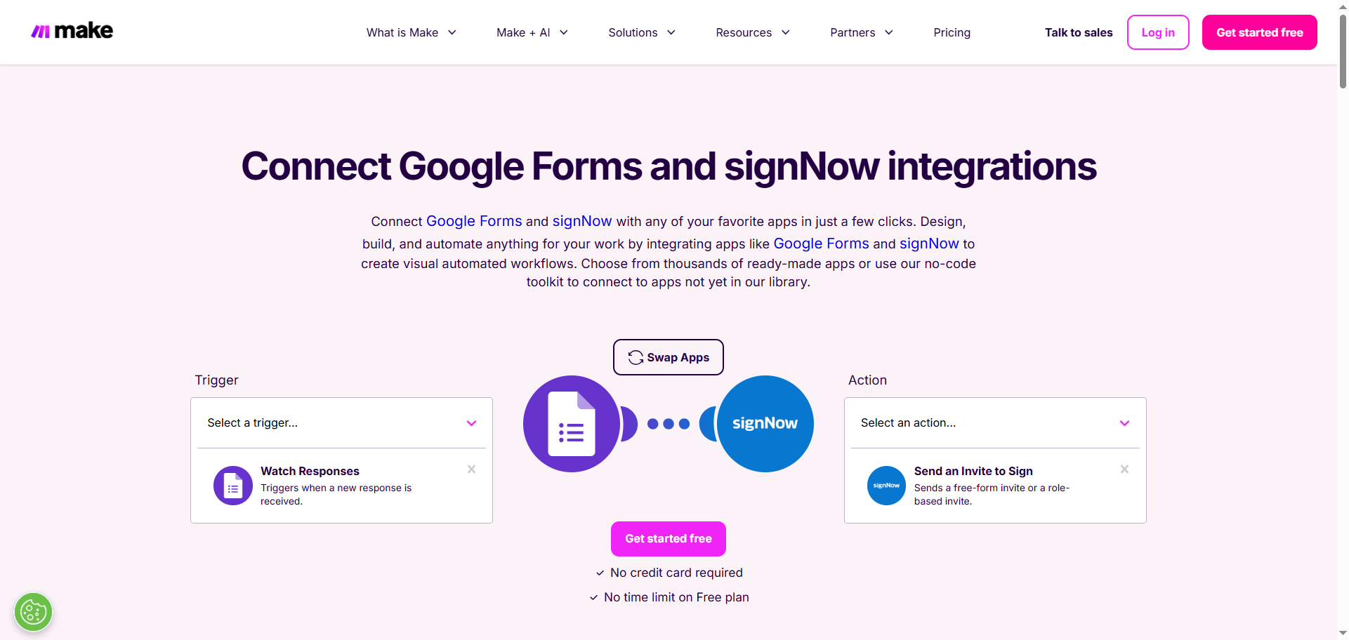 Screenshot of the Make setup screen with selected trigger and action options, including the “Swap Apps” button to switch app positions