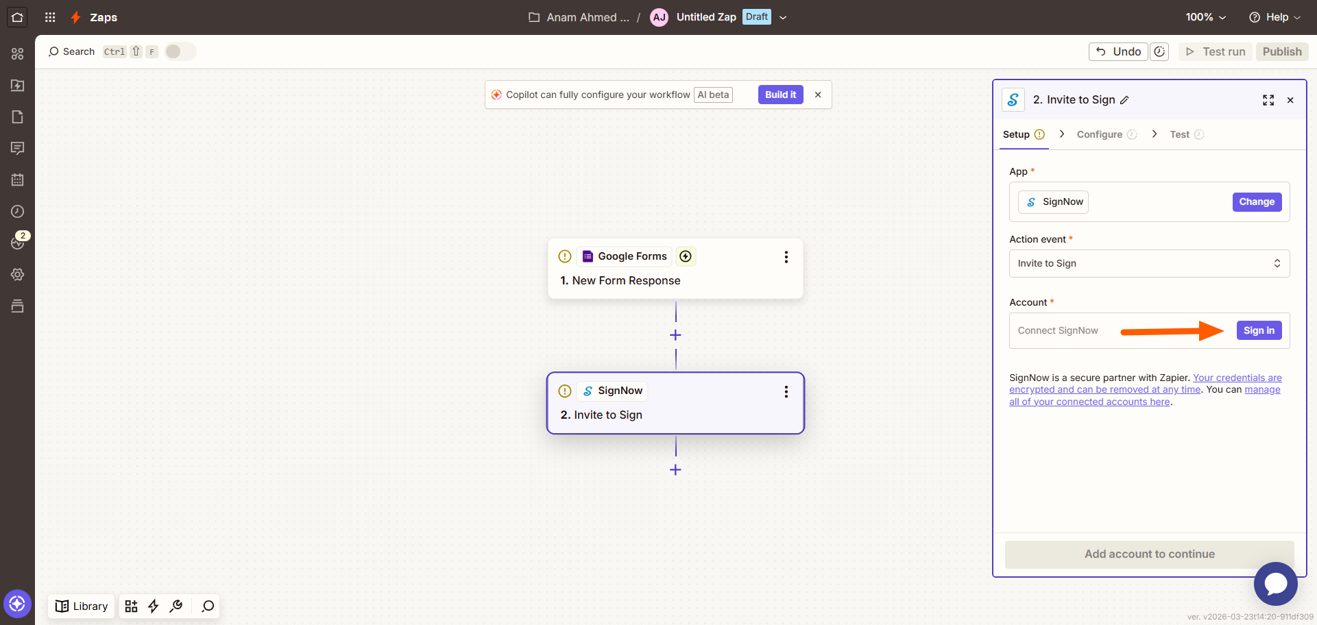 Screenshot of the Zapier workflow editor showing the SignNow action setup, with the “Sign In” button highlighted to connect a SignNow account