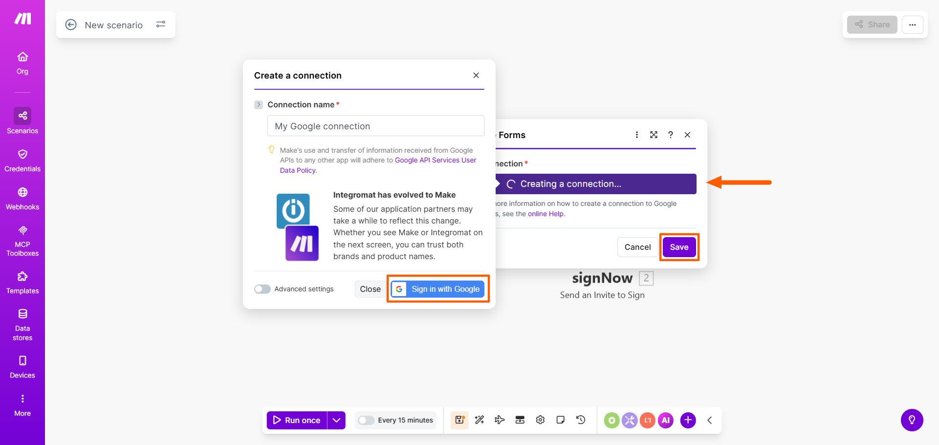 Screenshot of the “Create a connection” popup in Make, highlighting the “Sign in with Google” button and Save option for connecting a Google Forms account