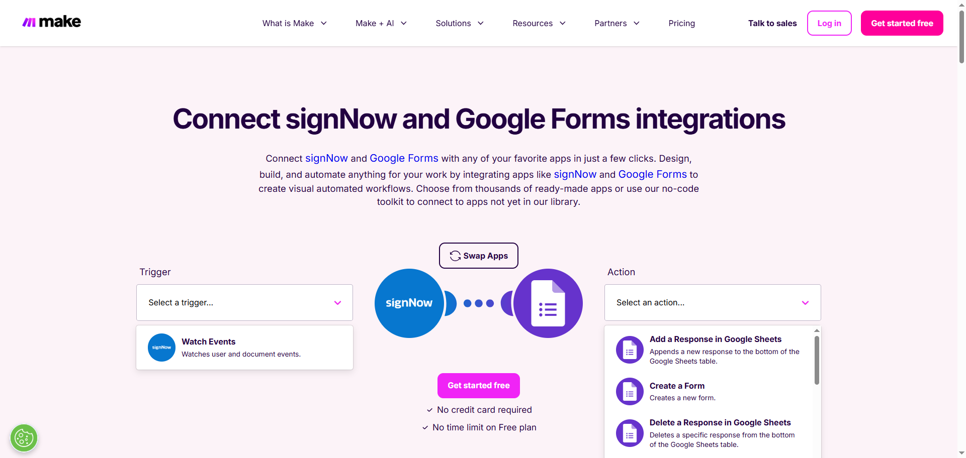 Screenshot of the Make integration page for connecting SignNow and Google Forms, showing trigger and action selection panels