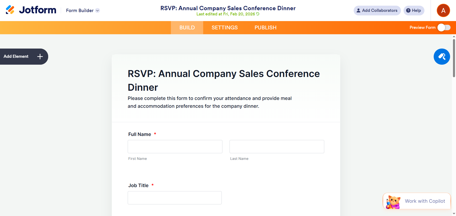 Screenshot of the Jotform Form Builder showing an RSVP form open in edit mode with input fields visible