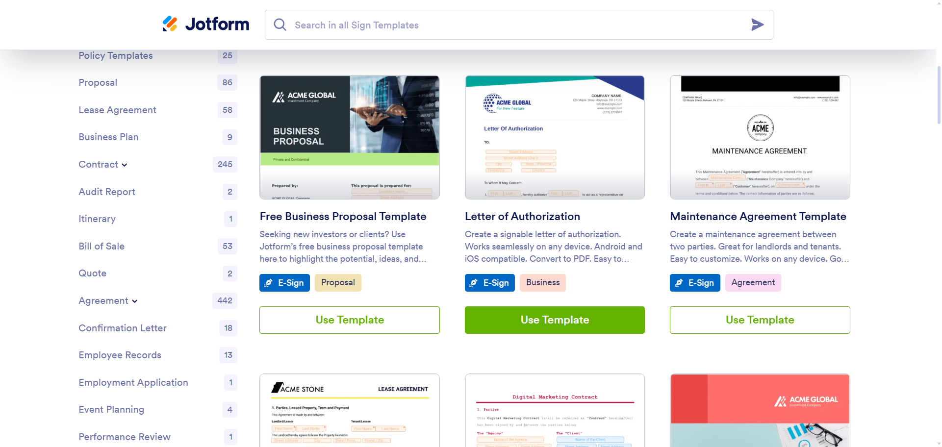 Screenshot of the template selection page with multiple templates displayed, highlighting the “Use Template” buttons