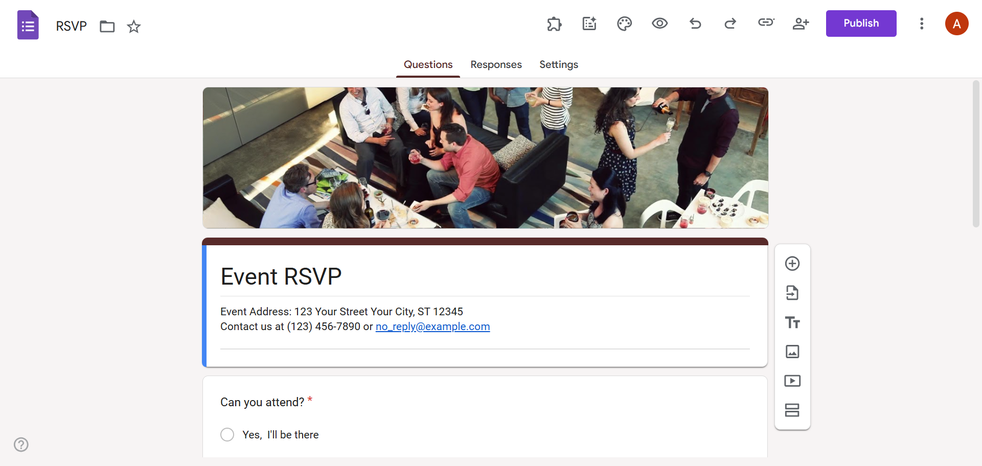Screenshot of a Google Form titled “Event RSVP” open in edit mode, showing the form header, event details, and a sample question