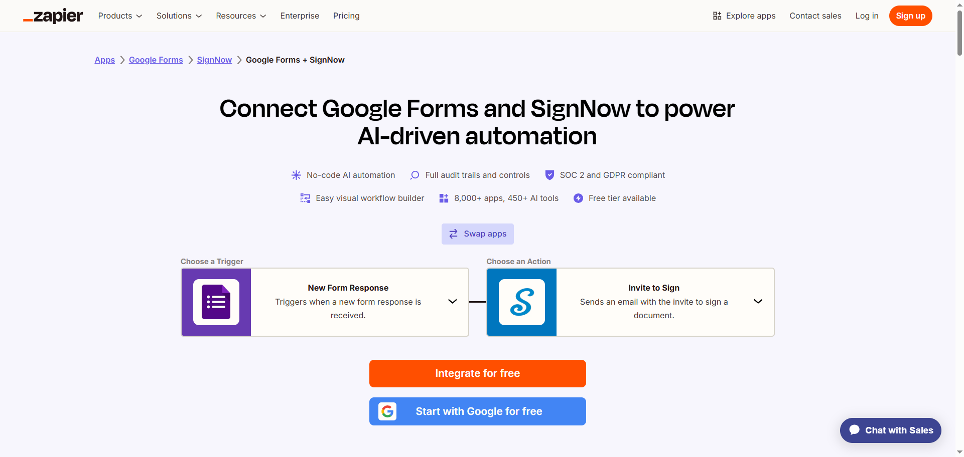 Screenshot of the Zapier setup screen with dropdowns expanded, showing a selected trigger (New Form Response) and action (Invite to Sign), along with the Swap Apps option
