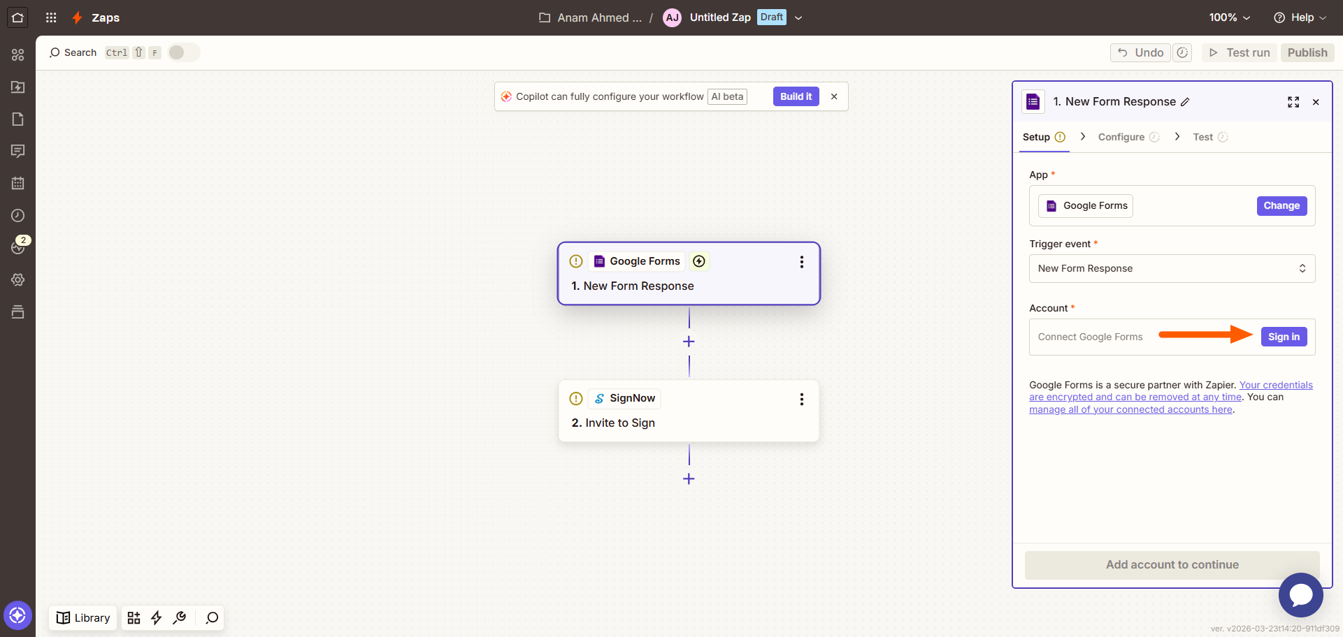 Screenshot of the Zapier workflow editor showing a Google Forms trigger setup, with the “Sign In” button highlighted to connect a Google account