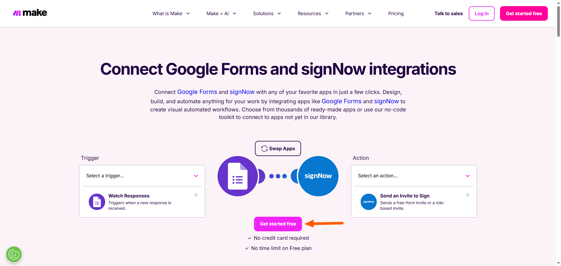 Screenshot of the Make integration page highlighting the “Get started free” button to begin setup