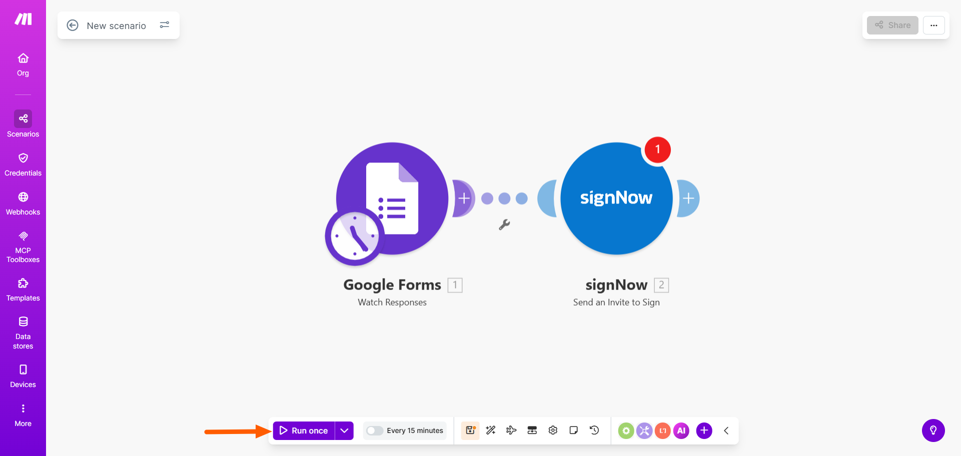 Screenshot of the Make scenario editor showing the Google Forms and SignNow modules connected, with the “Run once” button highlighted at the bottom