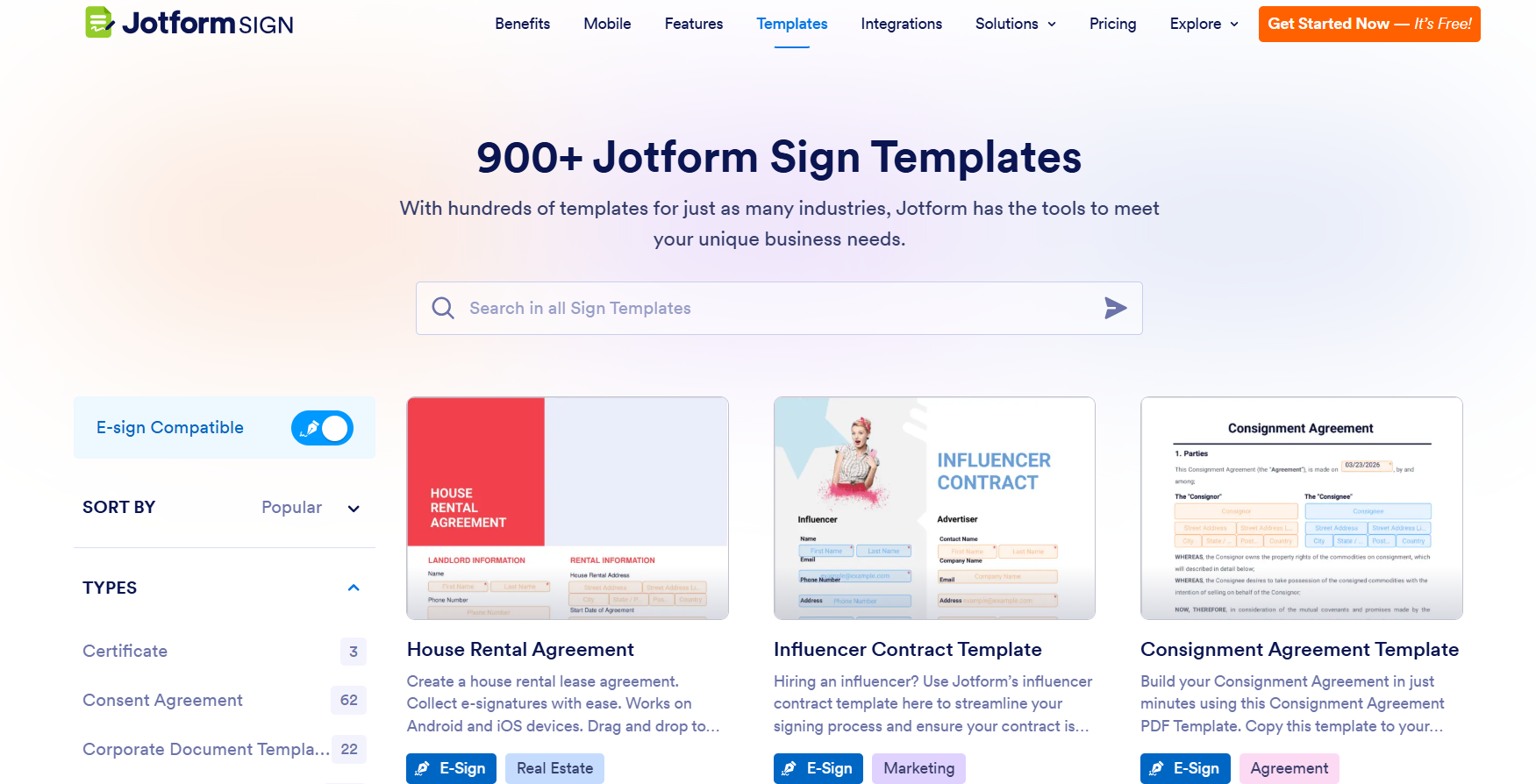 Screenshot of the Jotform Sign template gallery showing various document templates and a search bar for browsing options